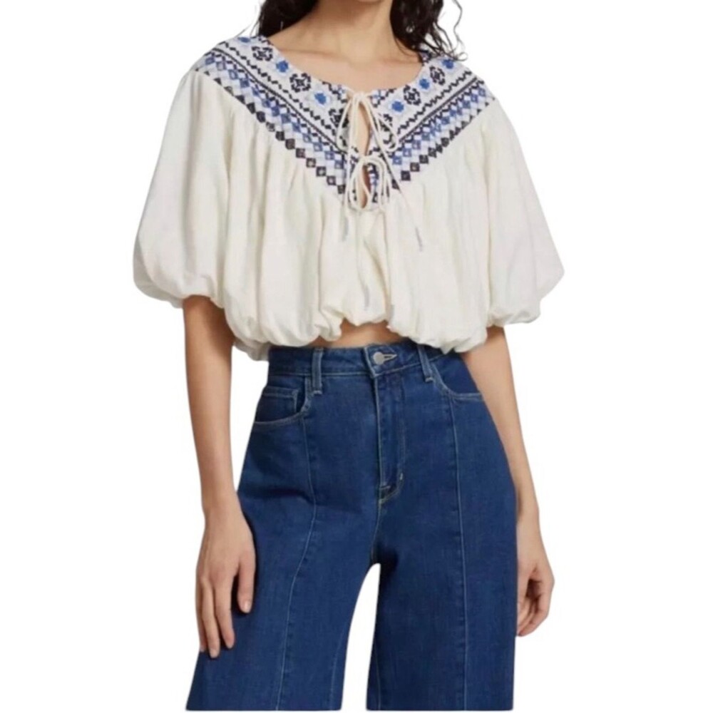 Free People Joni Top Boho Embroidered Puff Sleeve Cropped White Blue Women Small